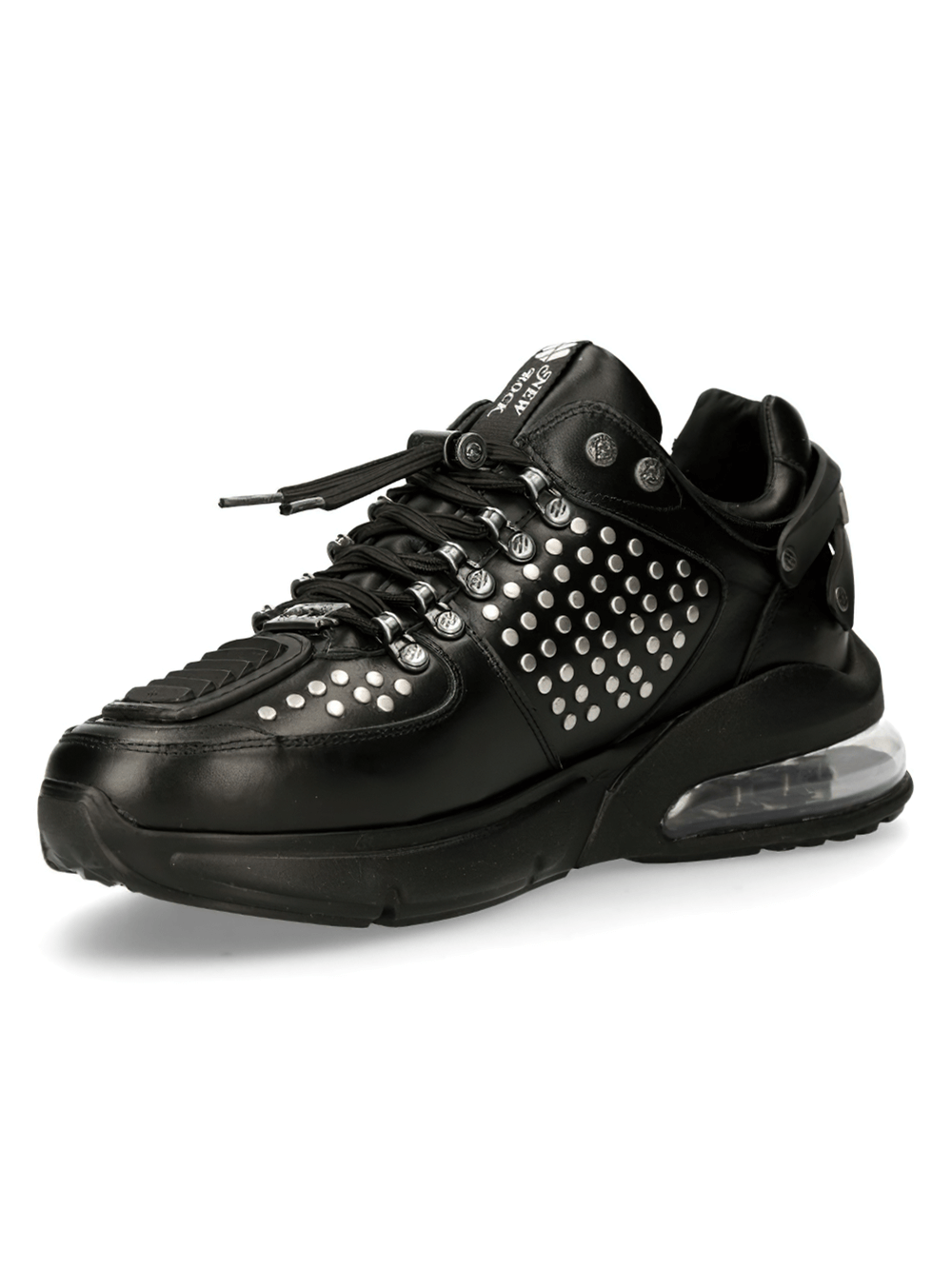 NEW ROCK black studded sneakers with air cushion sole, crafted from genuine cowhide leather for urban rock style.