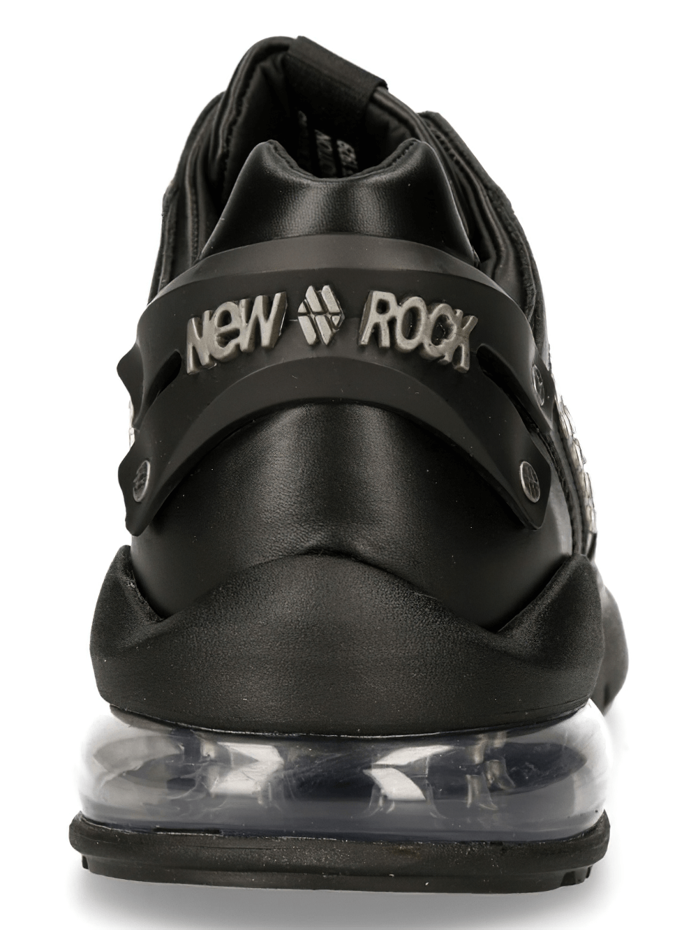 NEW ROCK black studded sneakers showcasing air-cushioned sole and stylish back design for urban rock style.