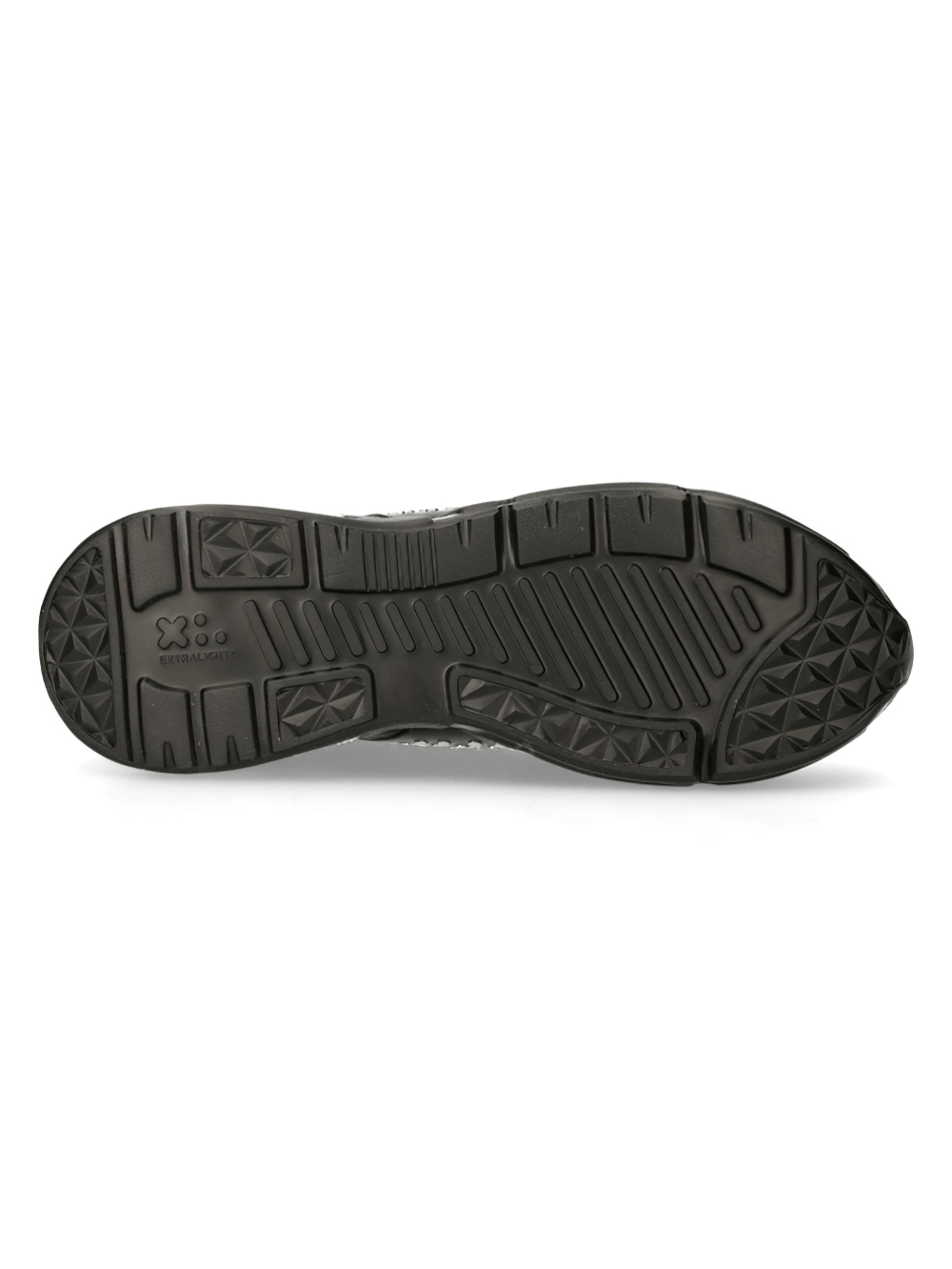 Bottom view of NEW ROCK black studded sneakers showcasing the durable TPU sole and unique tread design for superior grip.