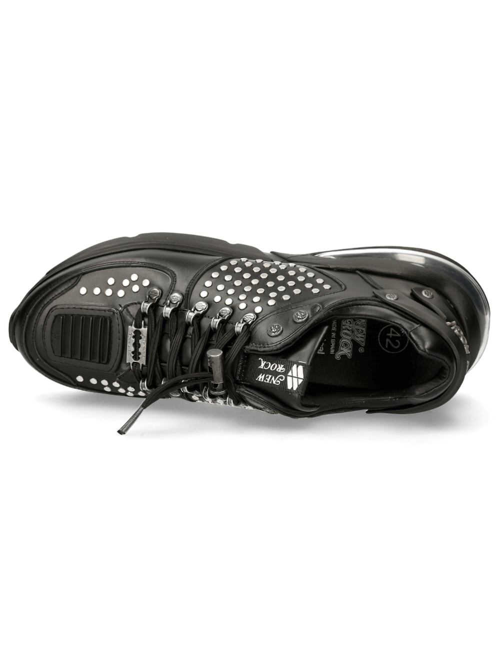 NEW ROCK black studded sneakers with air cushion sole, showcasing urban rock style and durable design.