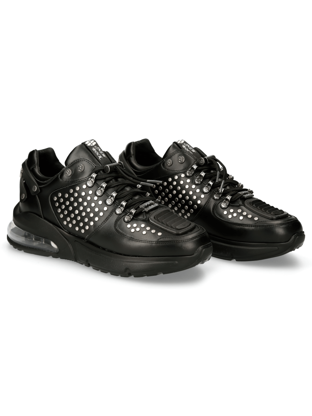 NEW ROCK black studded sneakers with air cushion sole, crafted from genuine leather for urban rock style.