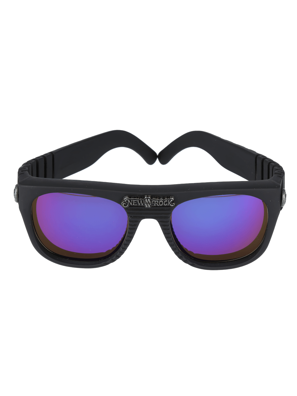 NEW ROCK black sunglasses with textured frame and purple-tinted reflective lenses for bold fashion styles.