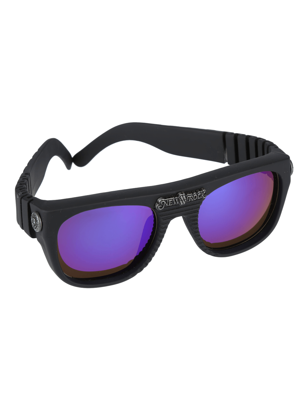 NEW ROCK edgy black sunglasses with textured frame and purple-tinted reflective lenses for bold fashion.