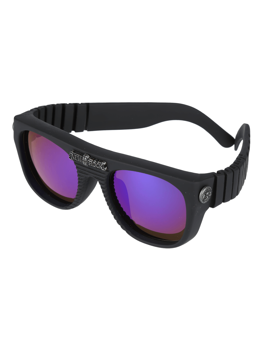 NEW ROCK edgy black sunglasses with textured frame and purple-tinted reflective lenses for bold fashion.