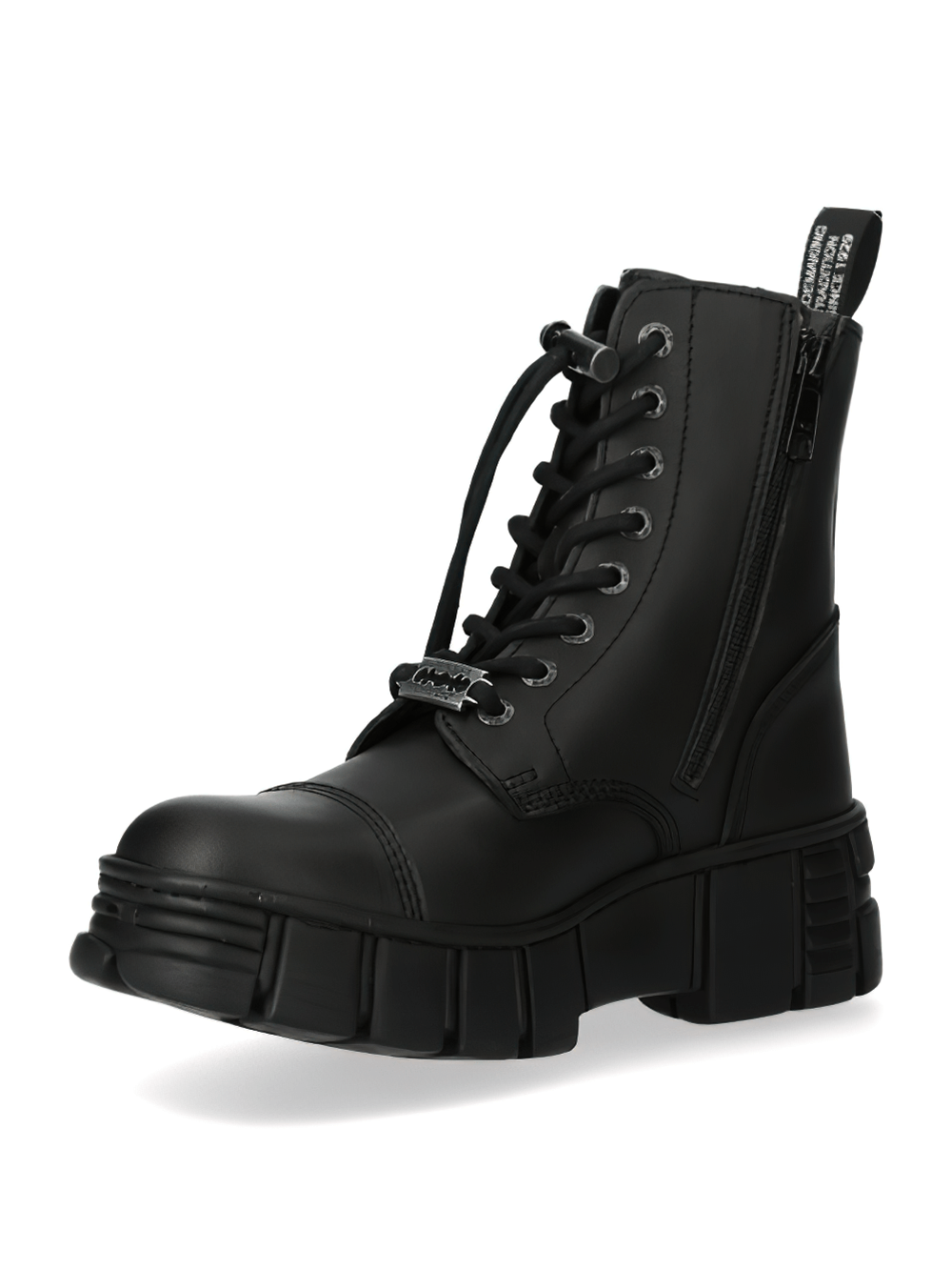 NEW ROCK Black Synthetic Military Ankle Boots with Laces and Zip, perfect for punk rock enthusiasts.