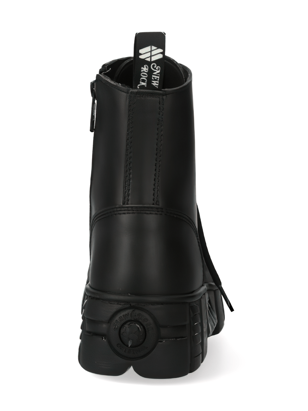 Back view of NEW ROCK black synthetic military ankle boots showcasing unique clasp design and sleek finish.