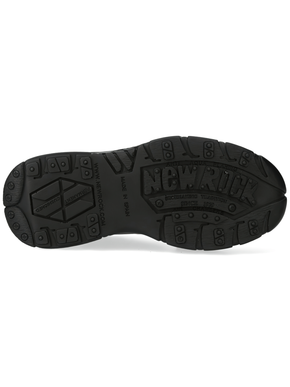 Bottom view of NEW ROCK black sandals showing durable rubber sole with traction pattern.