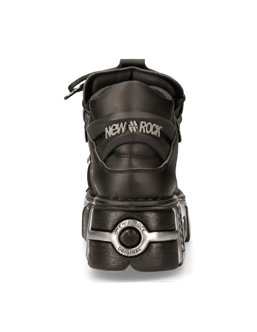 NEW ROCK Men's Black Tower Ankle Boots with metal accents, showcasing a punk style design from the back.