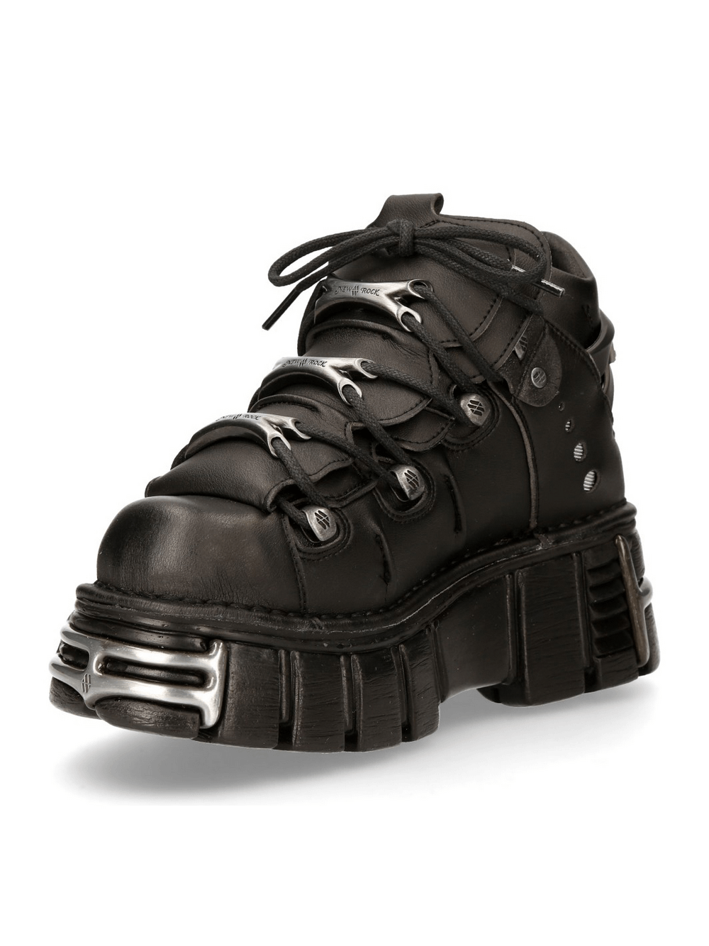 NEW ROCK Men's Black Tower Ankle Boots with metal accents, designed for punk style and eco-friendly fashion.