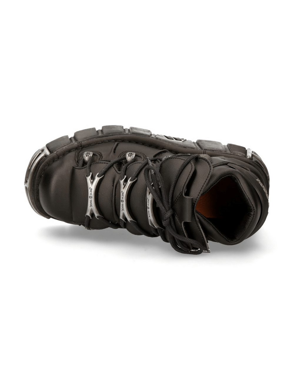 Top view of NEW ROCK Men's Black Tower Ankle Boots with metal accents, featuring a sturdy design and punk style laces