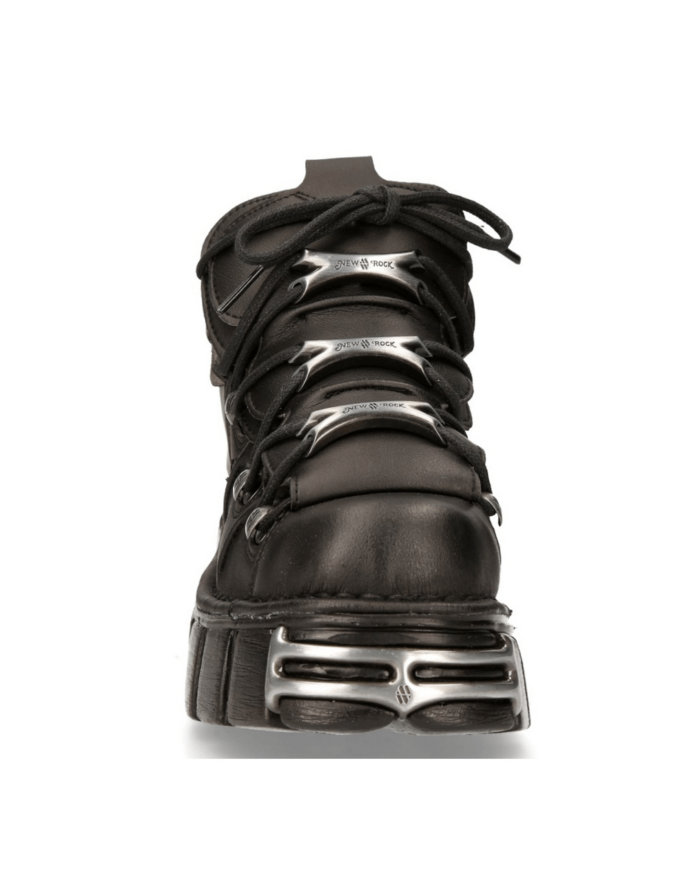 Front view of NEW ROCK Men's Black Tower Ankle Boots featuring metal accents and a punk-style design.