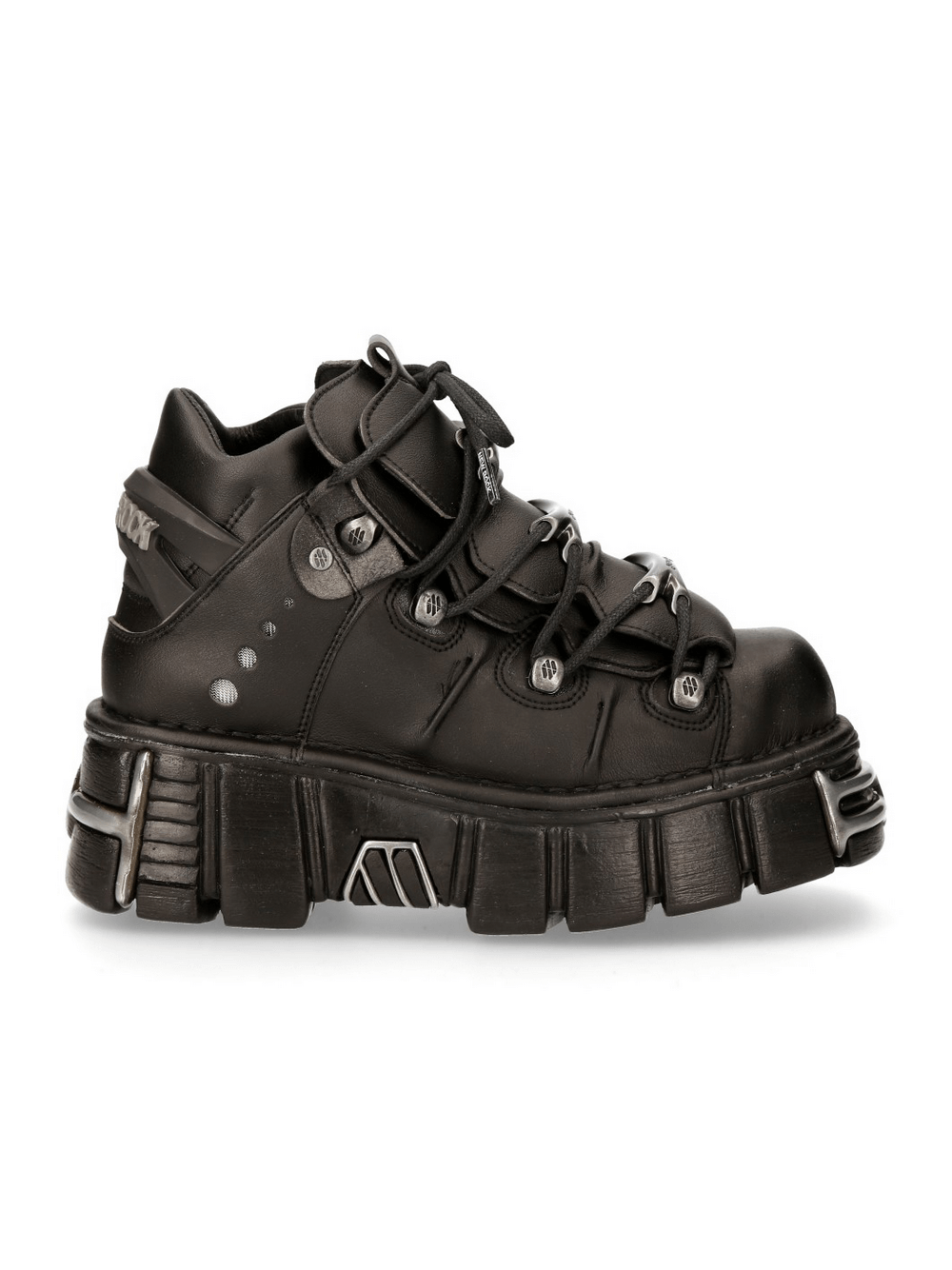 NEW ROCK Men's Black Tower Ankle Boots with metal accents, featuring a punk-inspired design and robust sole.