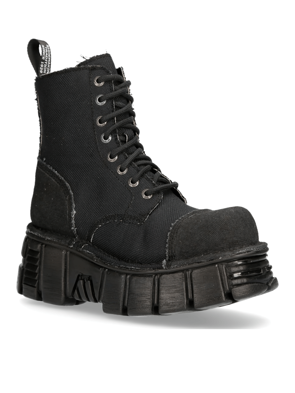 NEW ROCK Black Tower Military-Style Boots, durable synthetic, punk rock flair, strong PU-Ultra sole, part of METALLIC COLLECTION.