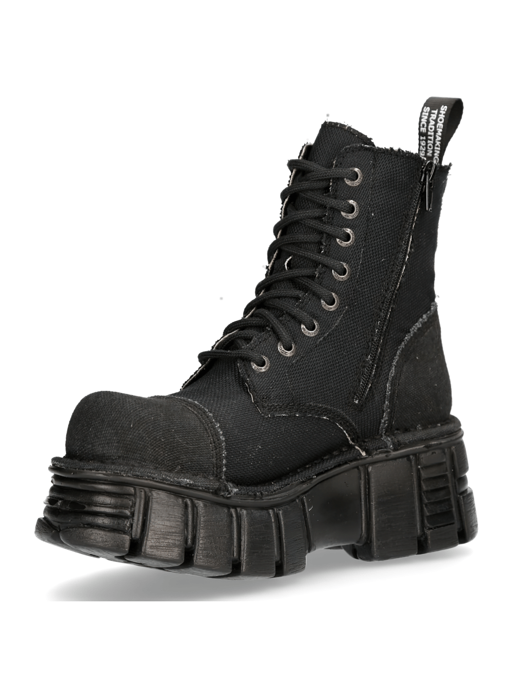Men's black military-style rugged boots with chunky sole, perfect for a bold punk rock look.