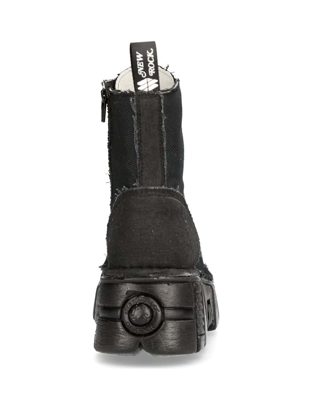 Back view of NEW ROCK Men's Black Tower Military-Style Boots showcasing rugged design and eco-friendly materials.