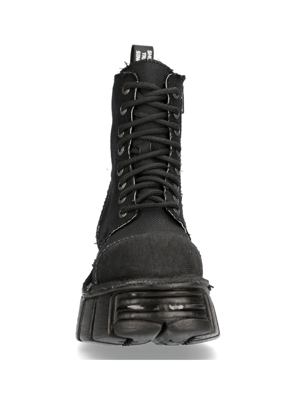 Front view of NEW ROCK Men's Black Tower Military-Style Boots showcasing rugged design and bold punk flair.