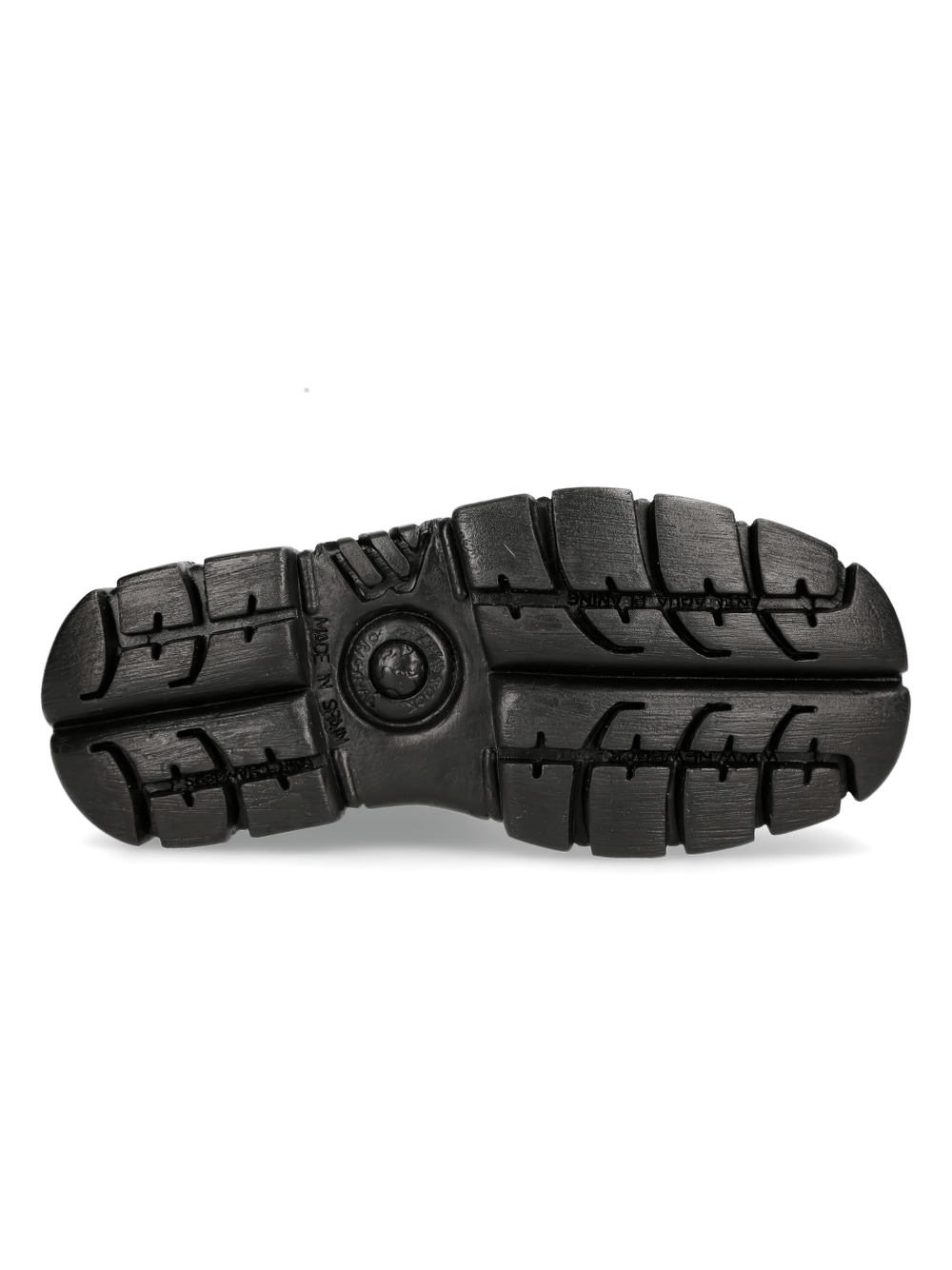 Bottom view of NEW ROCK Men's Black Tower Military-Style Boots showcasing rugged PU-Ultra sole design.