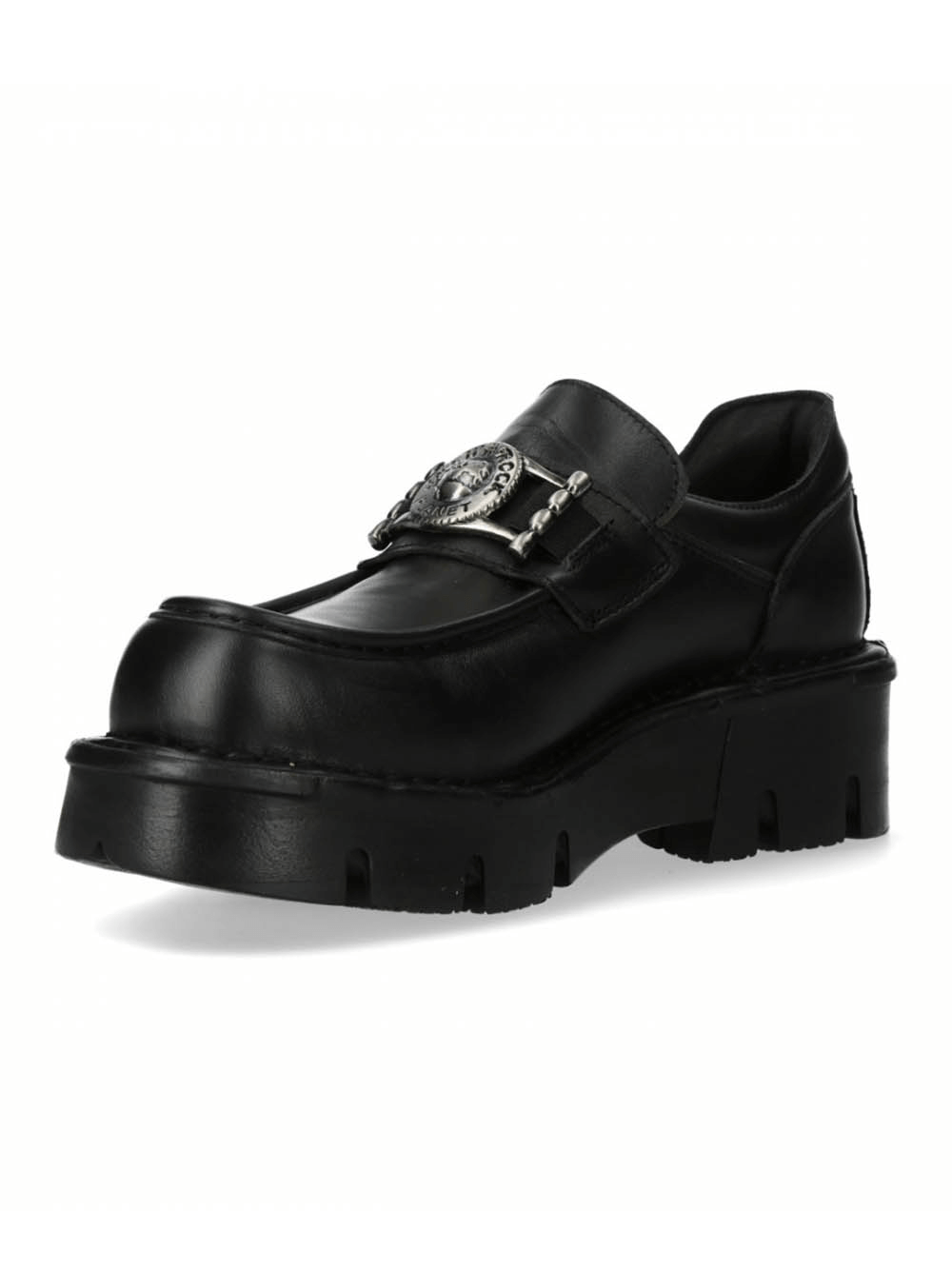 NEW ROCK black urban rock slip-on shoes with metal emblem, showcasing bold style and durable construction.