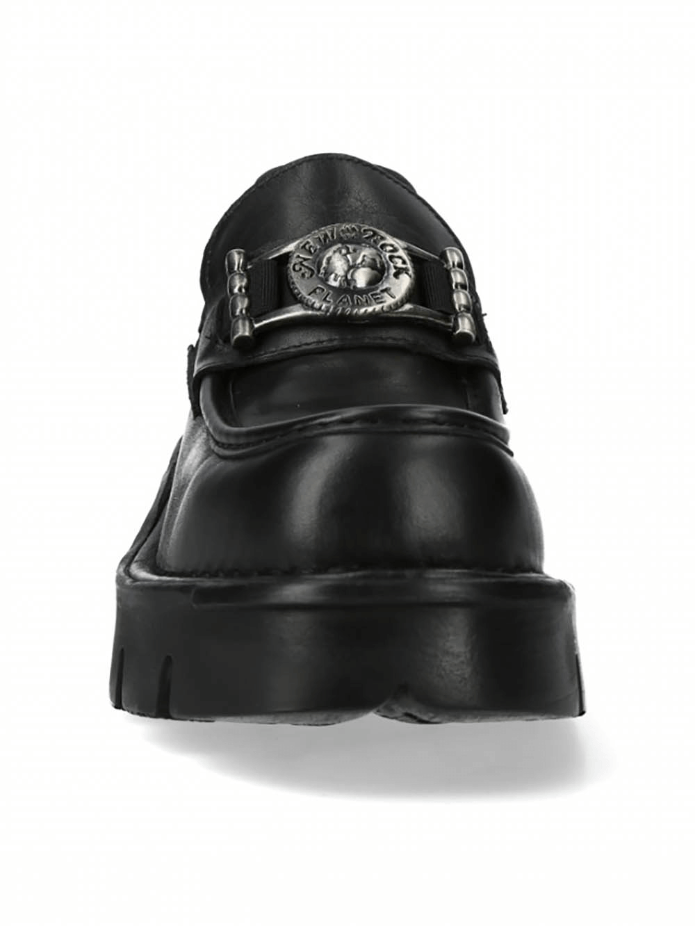 Stylish NEW ROCK black slip-on shoes with metal emblem, showcasing urban rock fashion and durable leather construction.