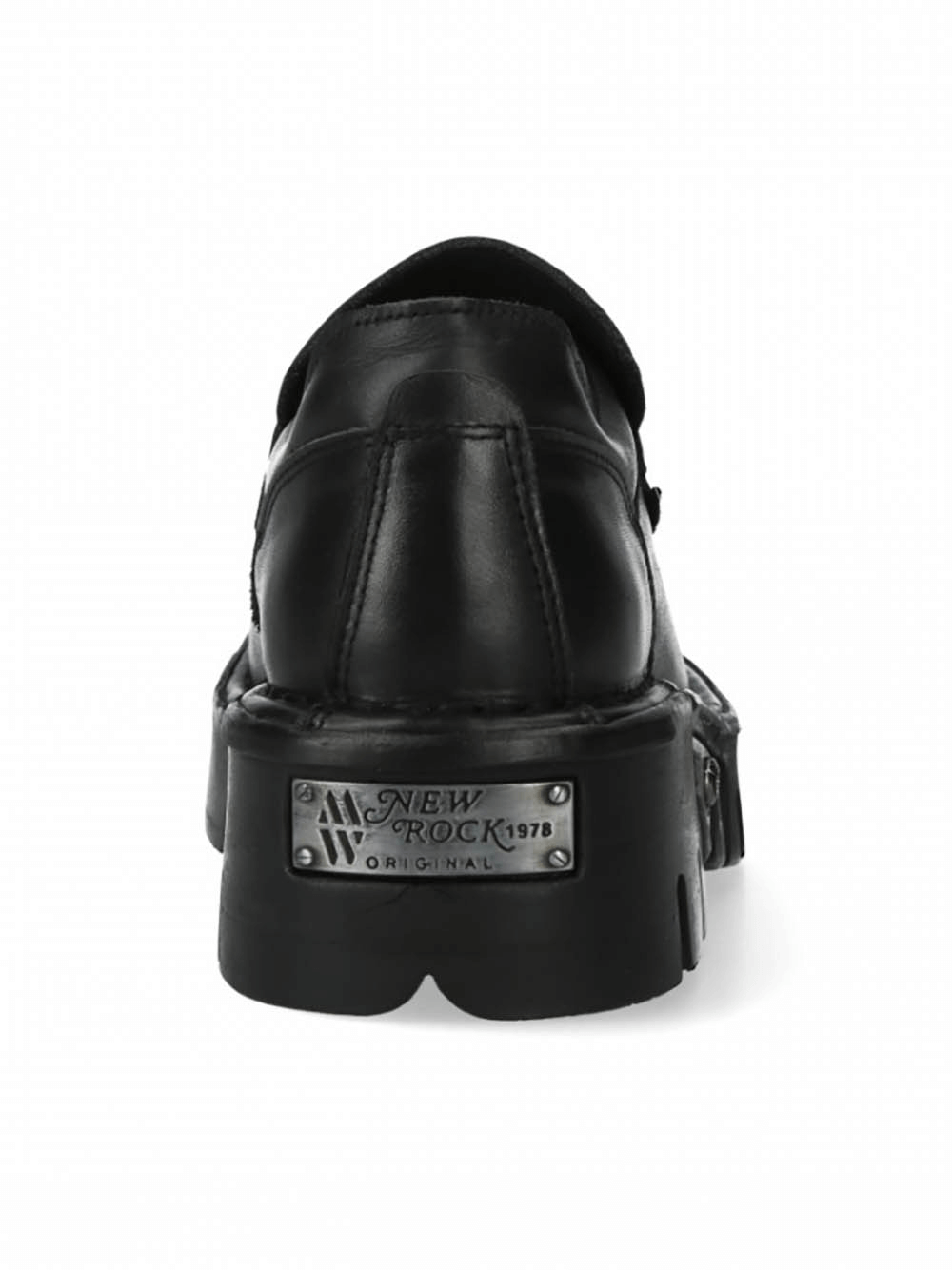 Rear view of NEW ROCK black urban rock slip-on shoes featuring a shiny metal emblem and durable leather construction.