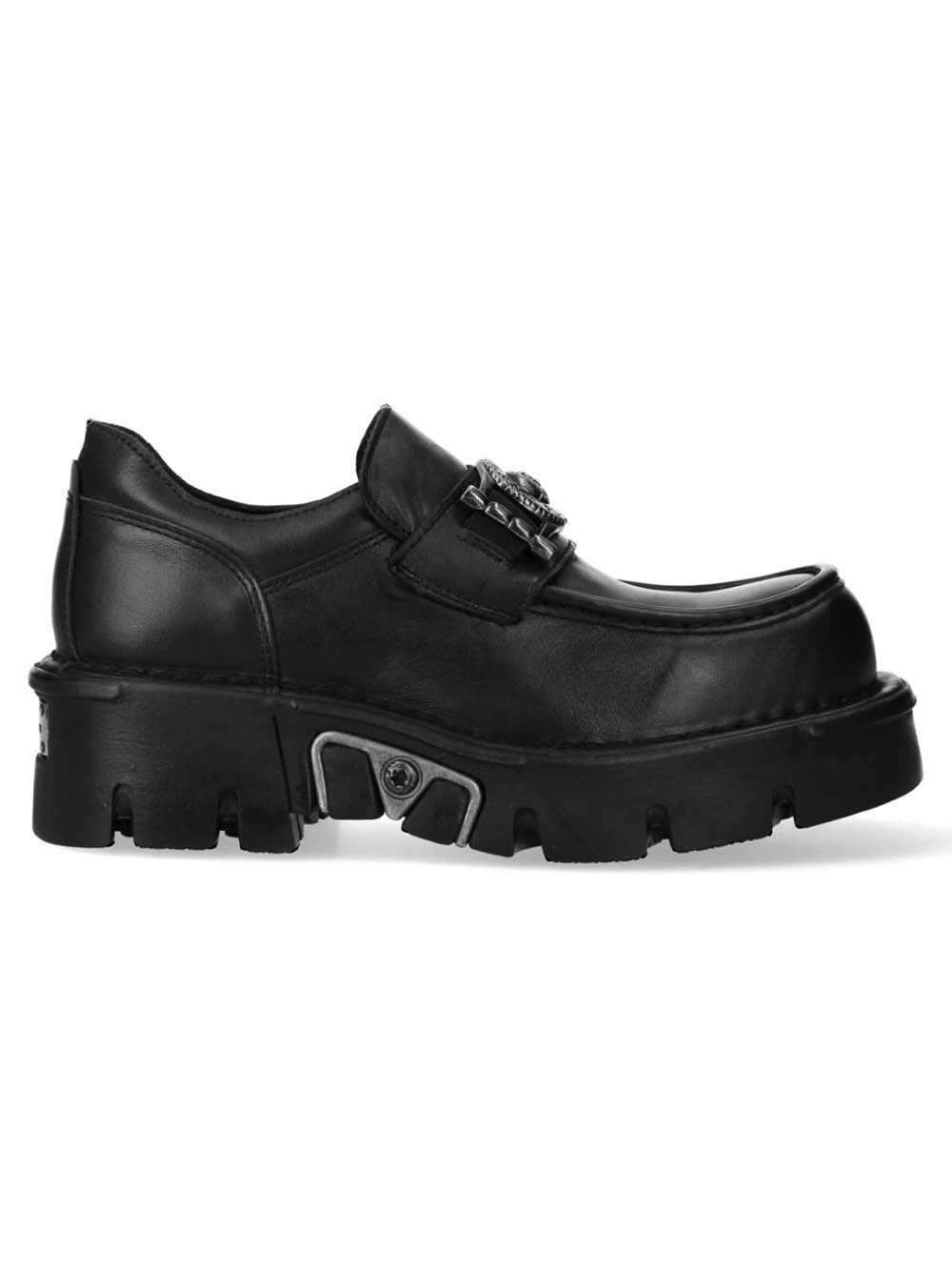 NEW ROCK Black Urban Rock Slip-On Shoes with Metal Emblem, stylish loafers for rock and elegant fashion.