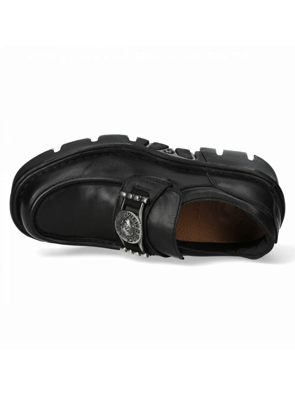 Stylish black slip-on shoe featuring a metallic emblem and durable leather design for urban rock fashion.