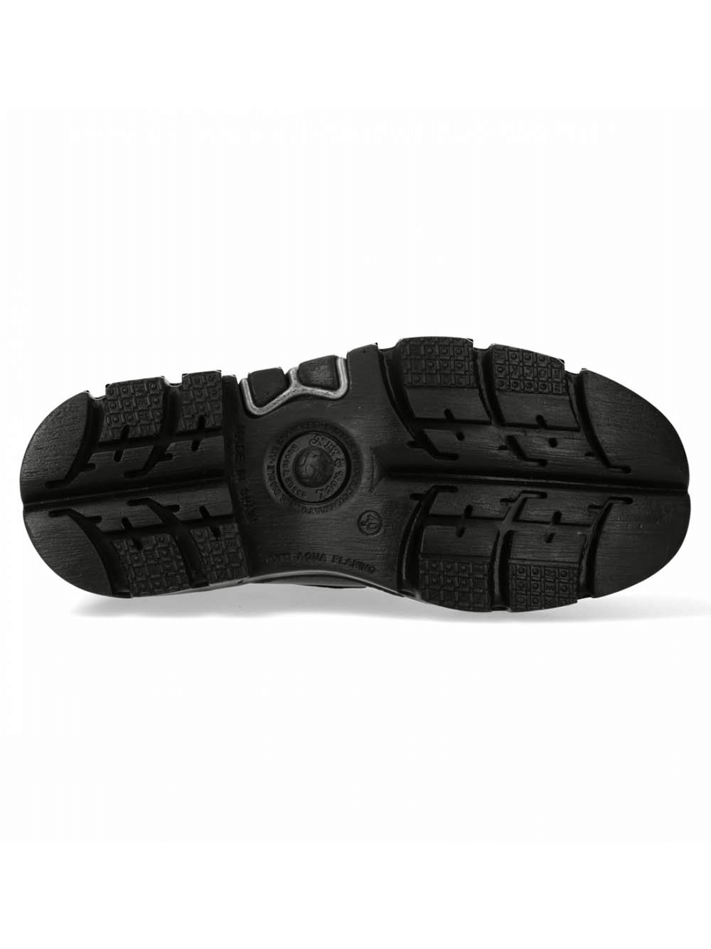 bottom view of NEW ROCK black slip-on shoes showcasing durable rubber sole and tread pattern for enhanced grip.