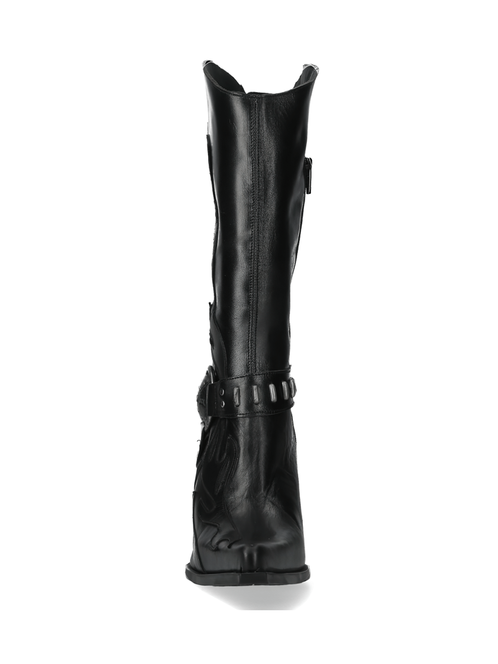 Back view of NEW ROCK Black Western heeled boots featuring buckle detail and sleek leather design.