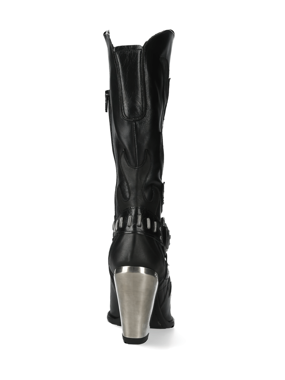 Back view of NEW ROCK Black Western Heeled Boots showcasing buckle detail and stylish design.