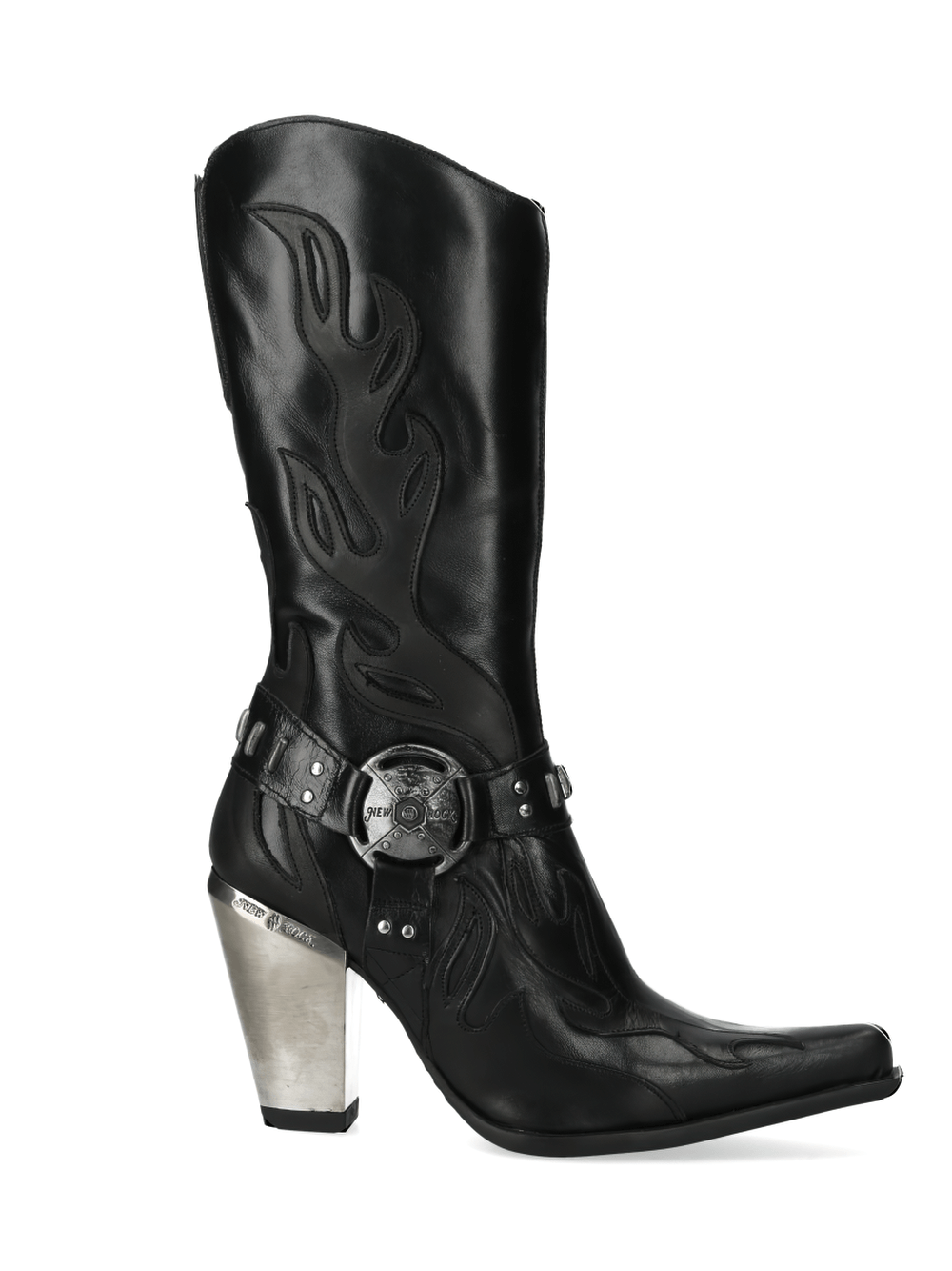 NEW ROCK Black Western Heeled Boots with sleek buckle detail and vibrant flame designs, blending tradition with urban style.