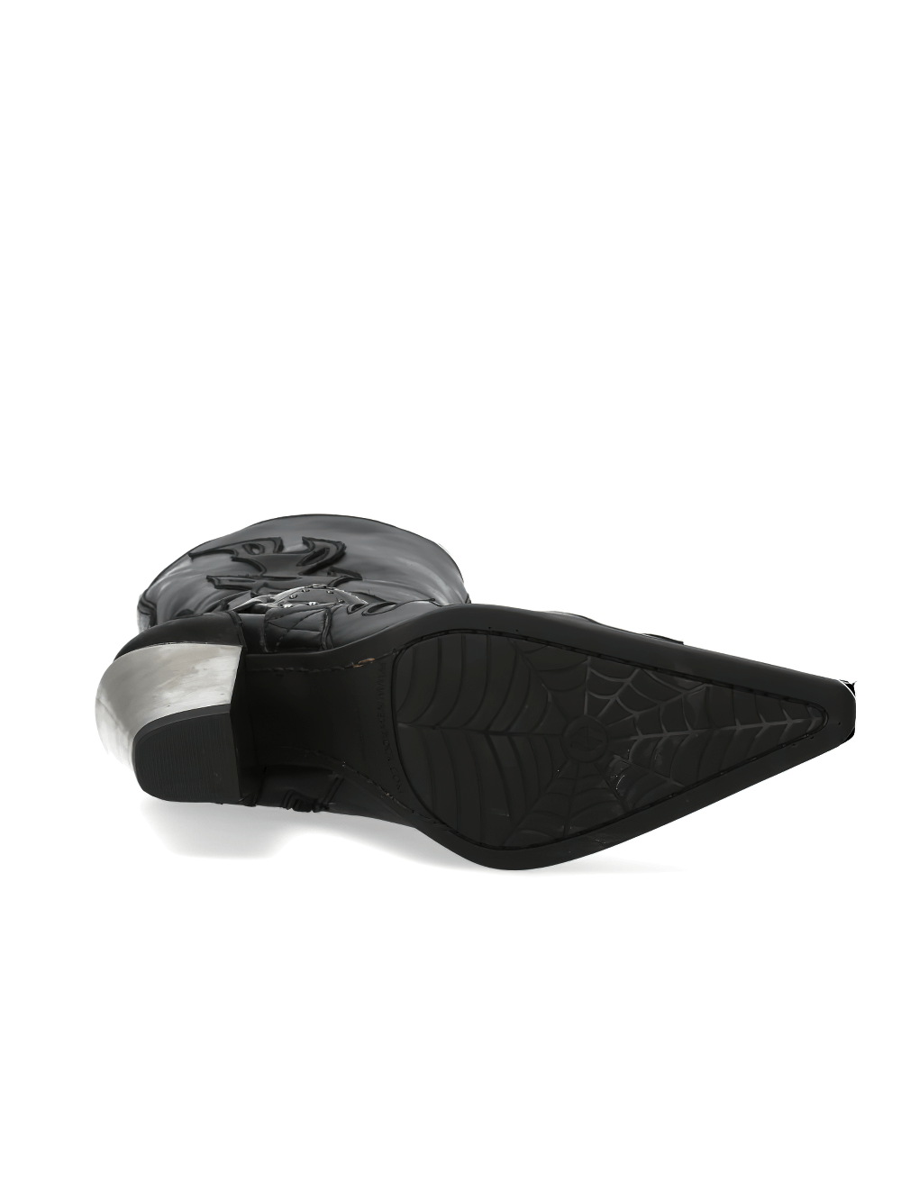 Sole view of NEW ROCK Black Western Heeled Boots with Buckle Detail showcasing stylish urban design and unique spider pattern.