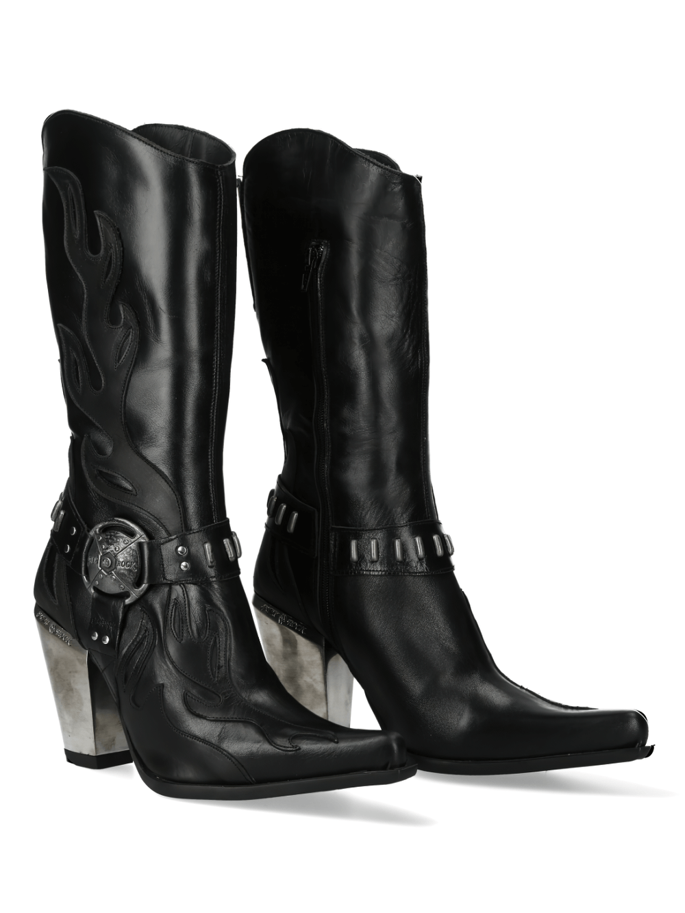 NEW ROCK Black Western Heeled Cowboy Boots with stylish buckle detail and urban flames design.