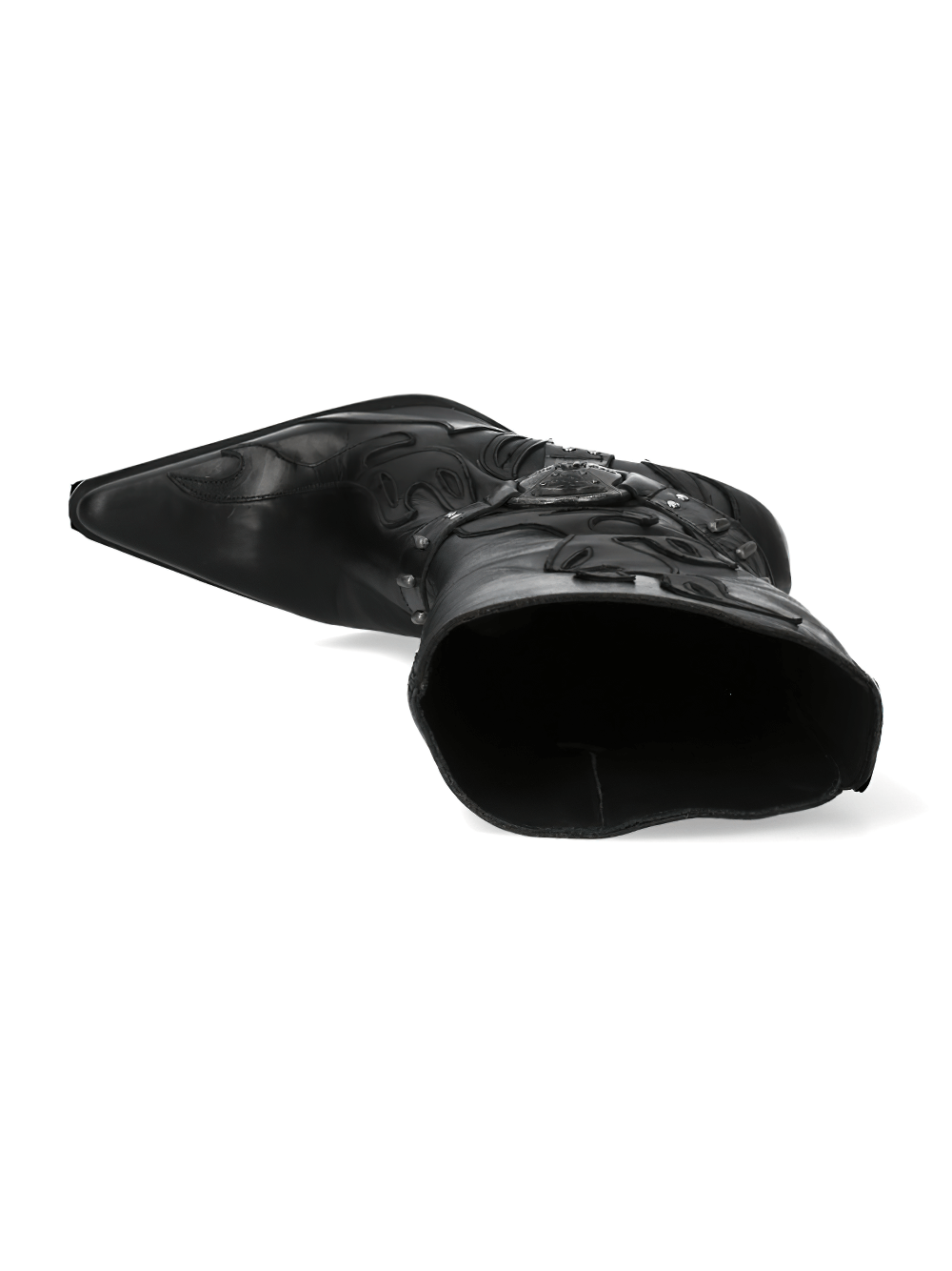 Stylish NEW ROCK black Western heeled boots with buckle detail, showcasing genuine cow leather and urban flair.