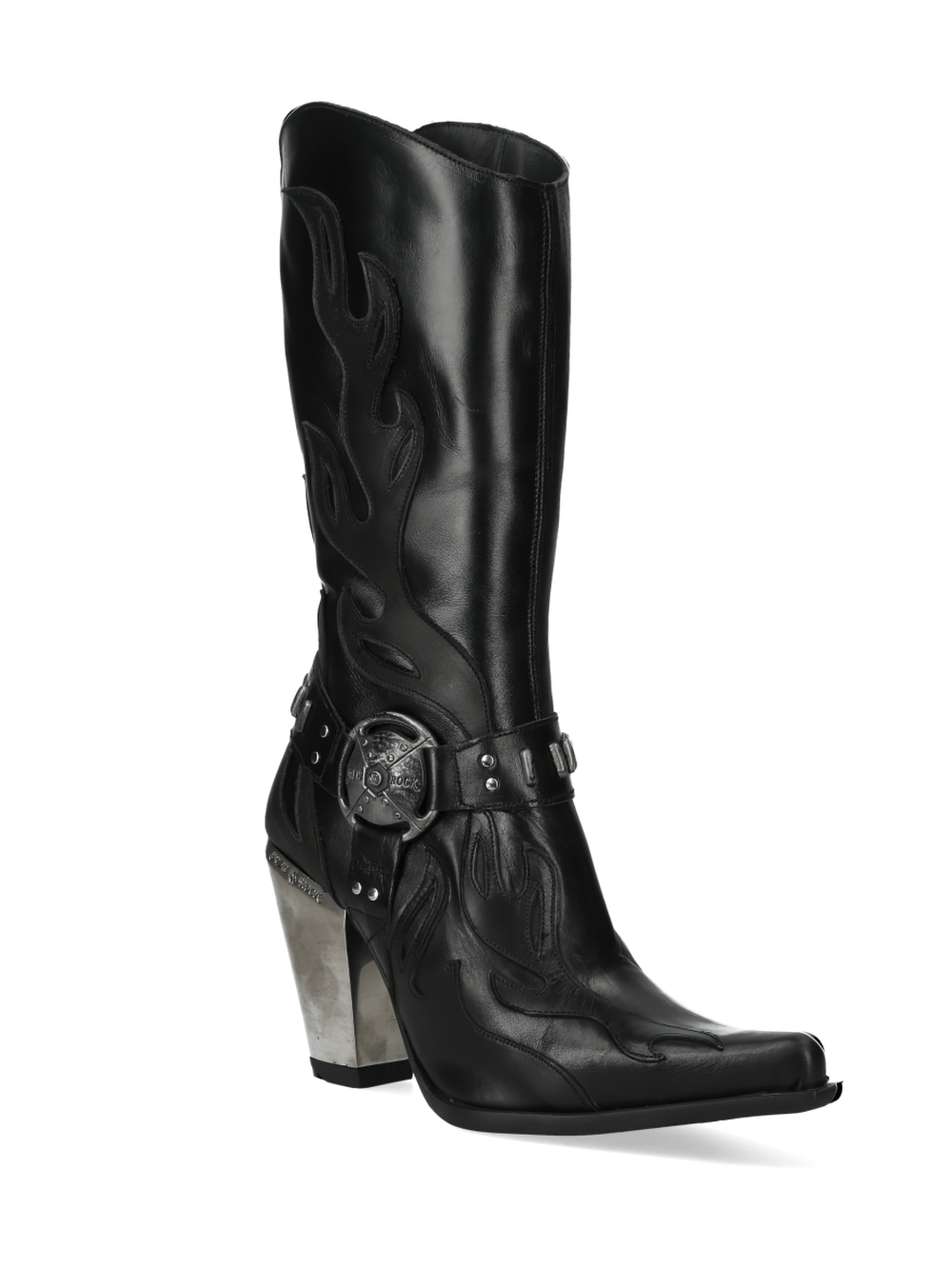 NEW ROCK Black Western heeled boots with buckle detail and flame design for a stylish urban look.