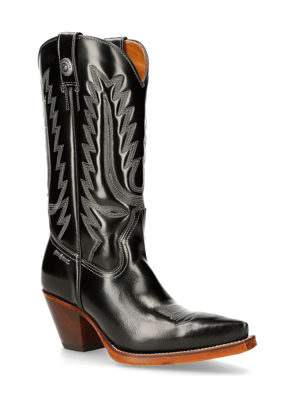 NEW ROCK Black Western Zipper High Boots for Ladies, made from genuine cow leather with stylish design and durable sole.