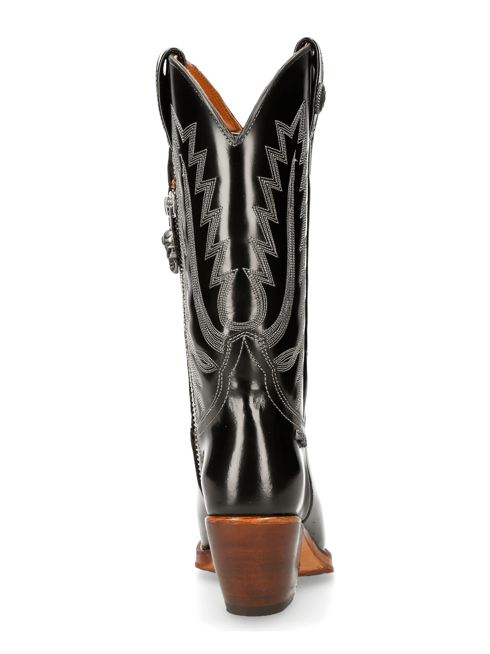 Back view of NEW ROCK Black Western Zipper High Boots, showcasing sleek design and classic stitching details.