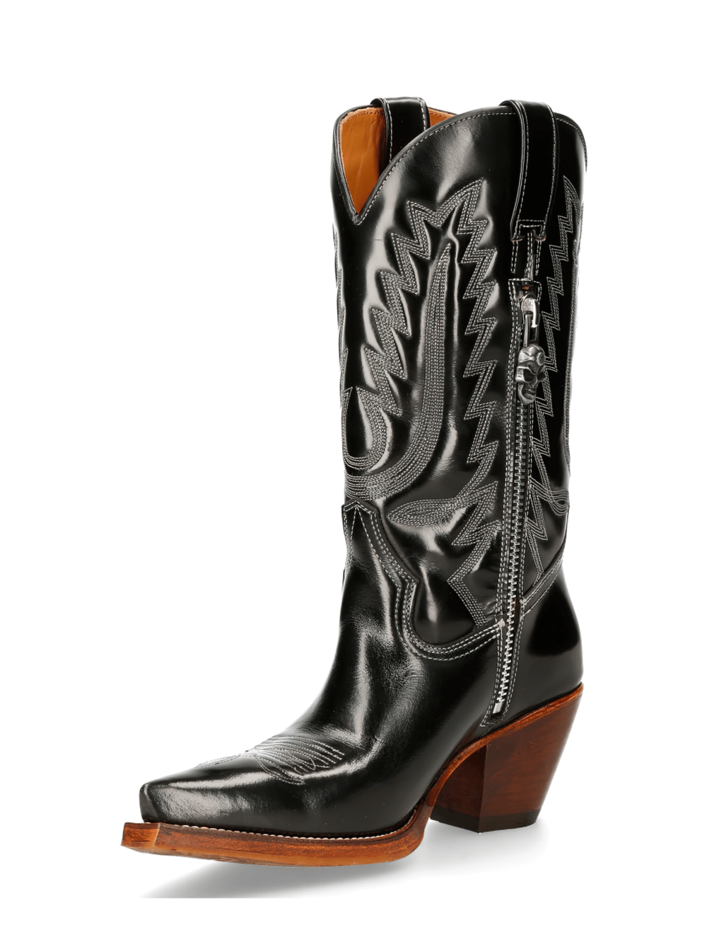 NEW ROCK Black Western Zipper High Boots for Ladies, crafted from cow leather with a stylish design and sturdy heel.