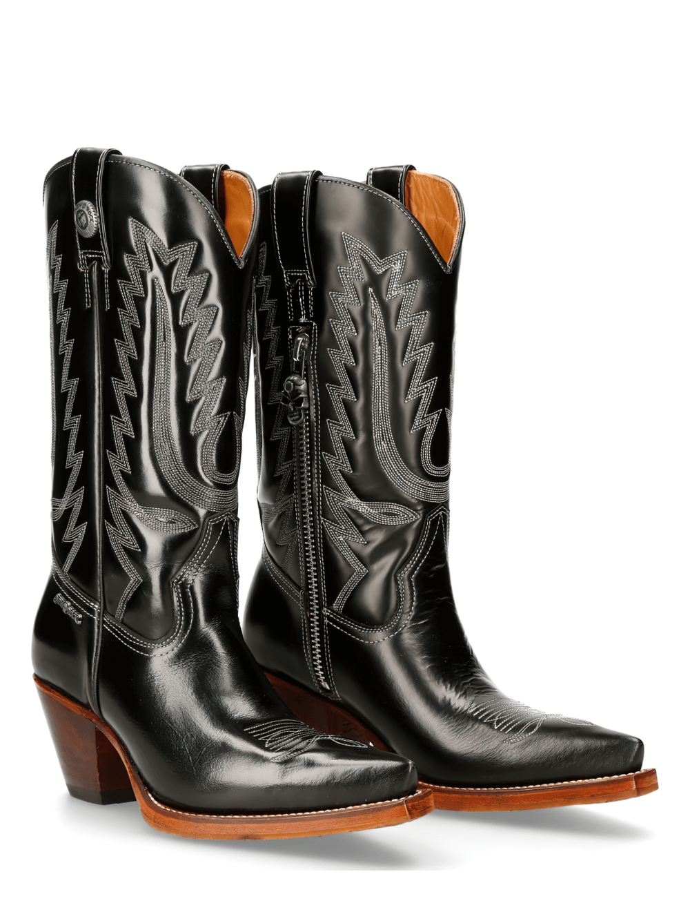 NEW ROCK Black Western Zipper High Boots for Ladies in stylish cow leather, perfect for a Wild West adventure.