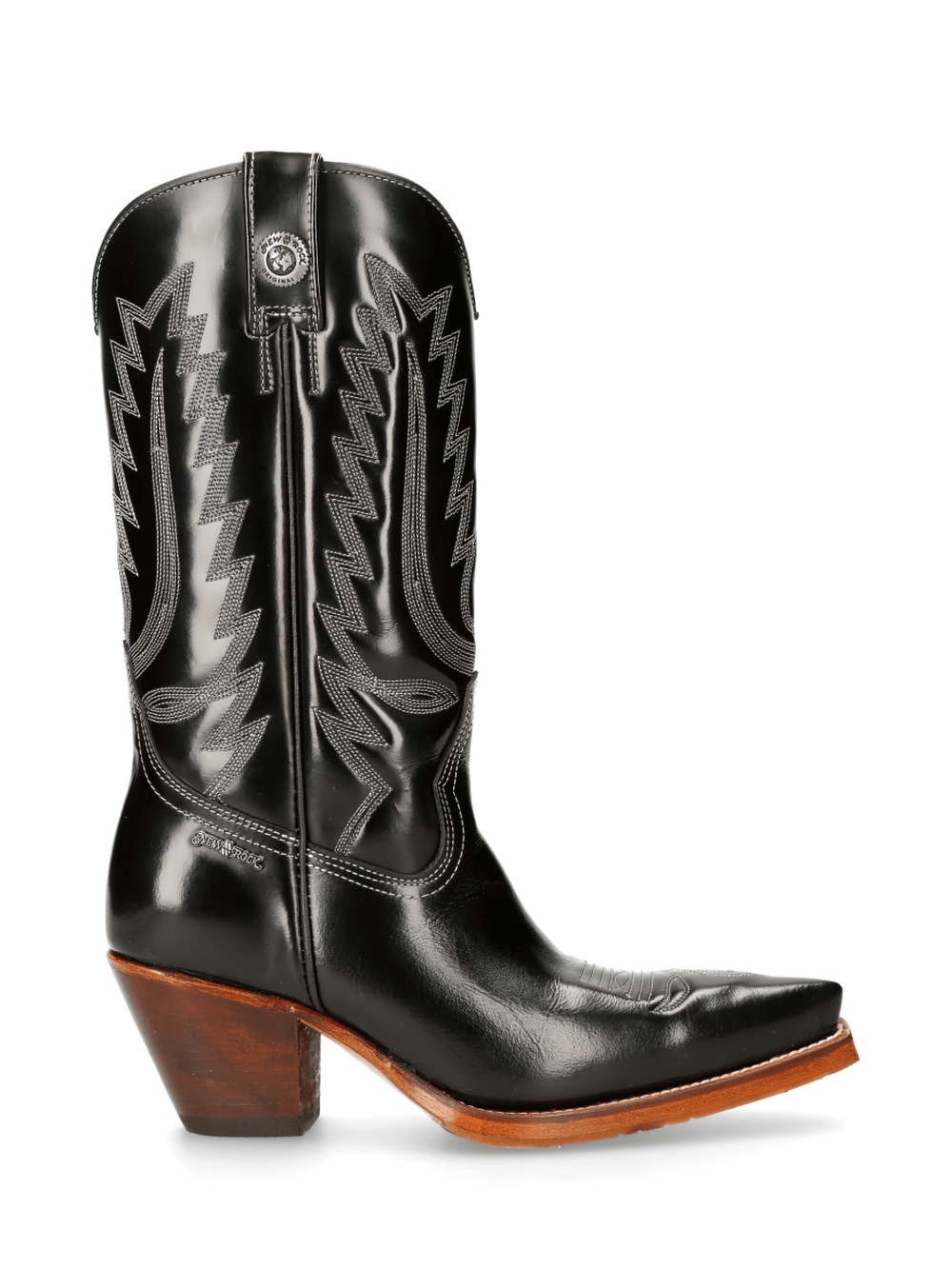 NEW ROCK Black Western Zipper High Boots for Ladies, crafted in genuine cow leather with stylish designs.