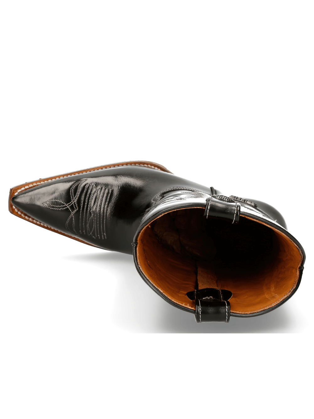 Inside view of the NEW ROCK Black Western Zipper High Boots showcasing smooth leather and soft calfskin lining.