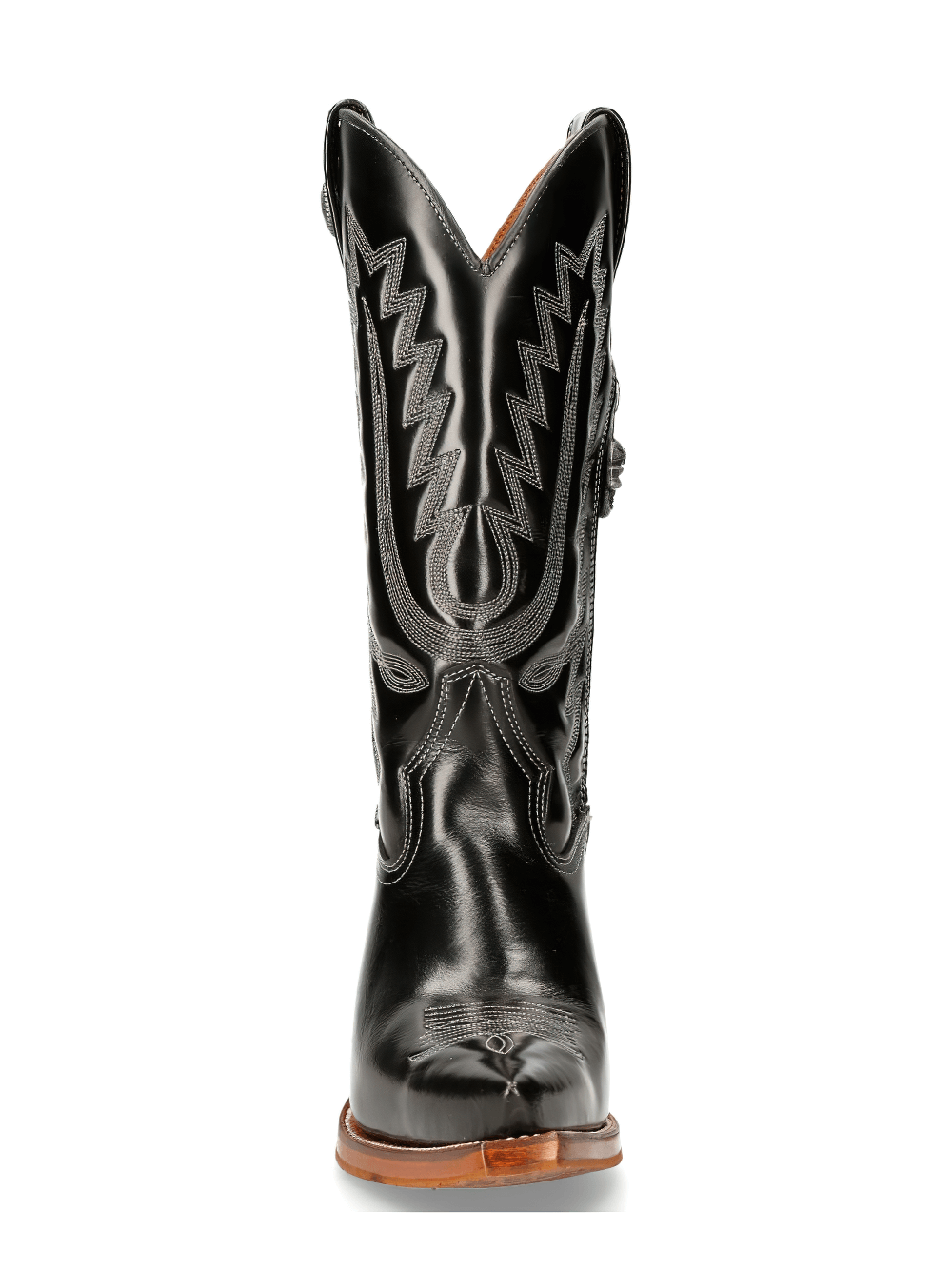 Front view of NEW ROCK Black Cow Leather Western Zipper High Boots for ladies, showcasing intricate stitching and stylish design.