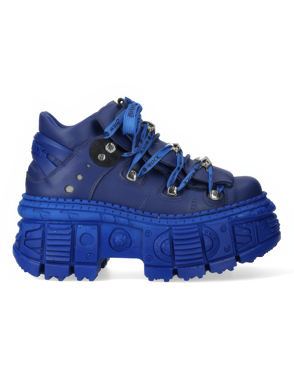 Bold blue heavy rock-inspired ankle boots with chunky sole and lace-up design for stylish comfort.