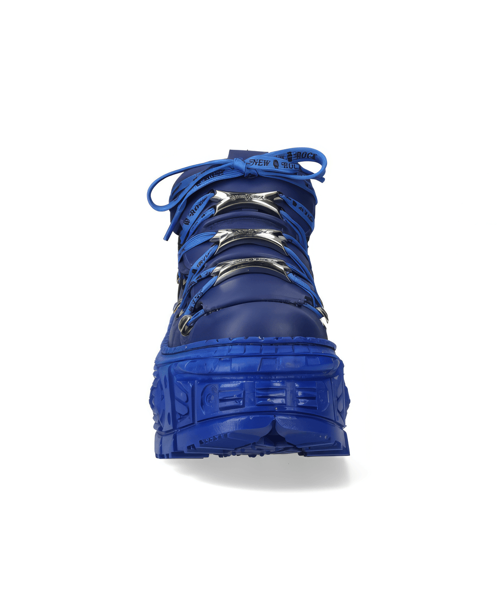 NEW ROCK blue leather ankle boot with bold design and metal accents, perfect for rock fashion enthusiasts.