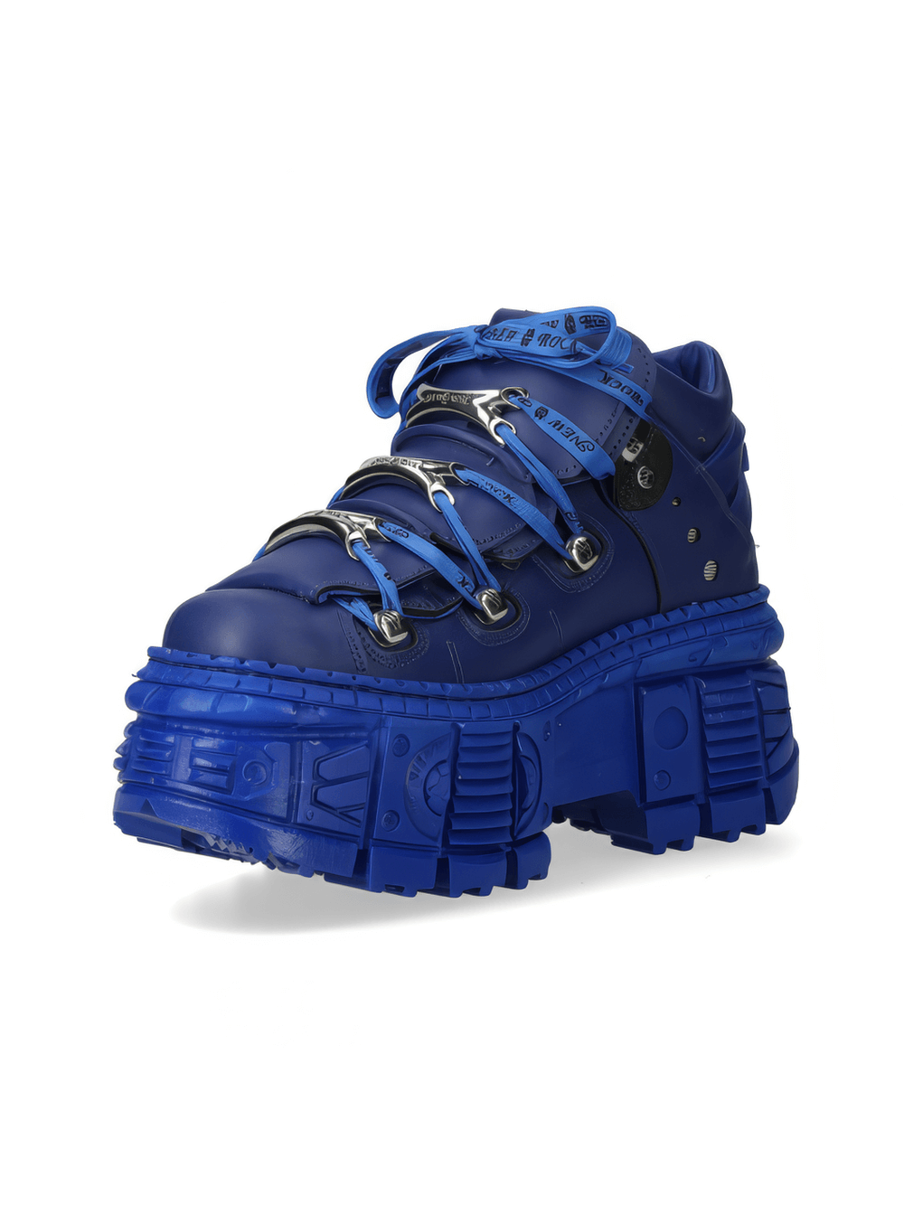 Bold blue heavy rock-inspired ankle boots with chunky sole and lace-up design.