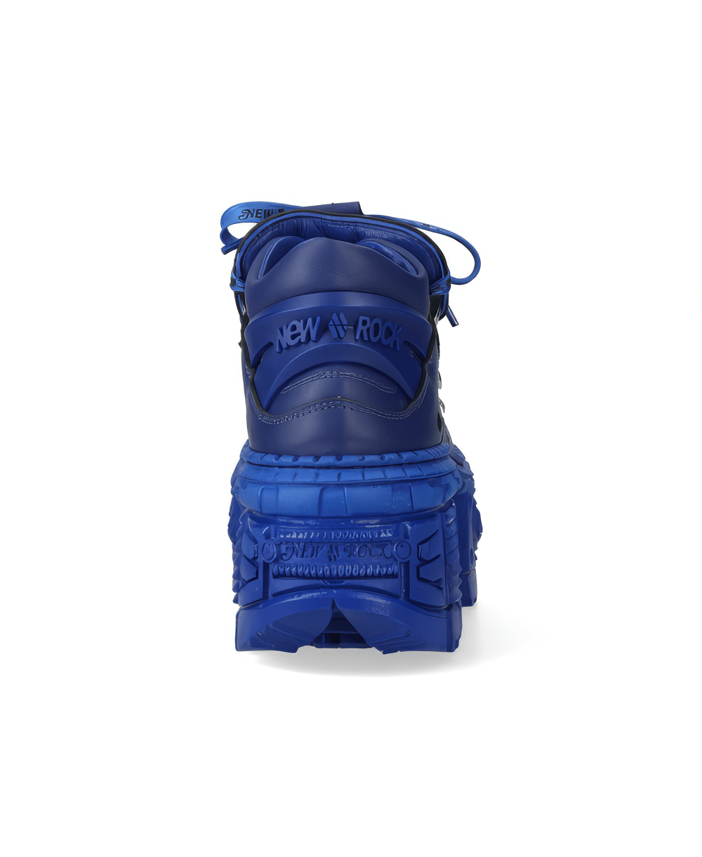 Back view of NEW ROCK men's blue heavy rock ankle boots showcasing bold design and durable materials.