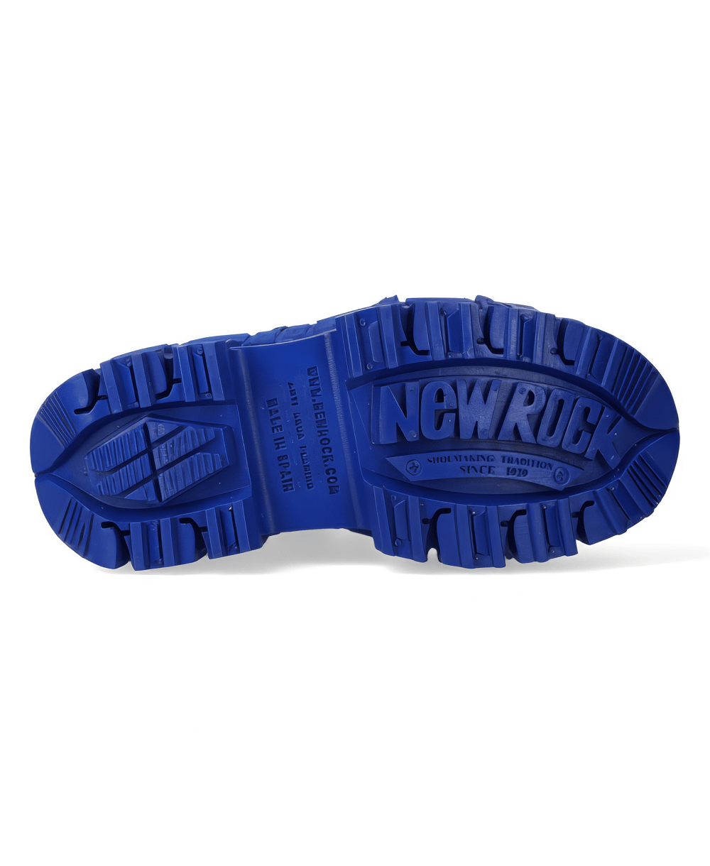 Sole of NEW ROCK Men's Blue Heavy Rock Ankle Boots showcasing bold design and durable grip.