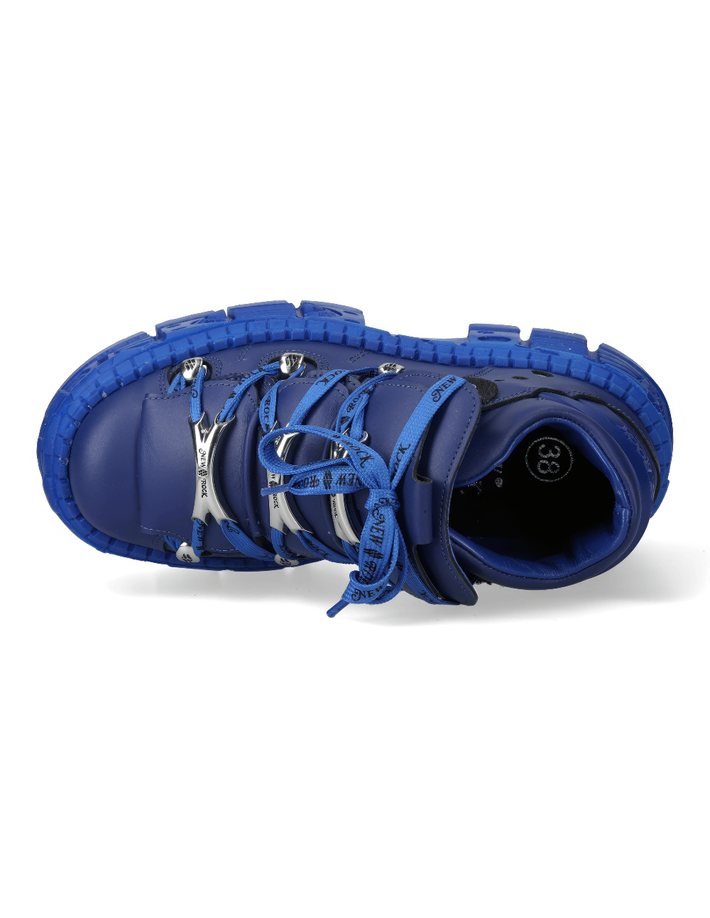 Top view of NEW ROCK Men's Blue Heavy Rock Ankle Boots with bold design, featuring lace-up closures and sturdy soles.