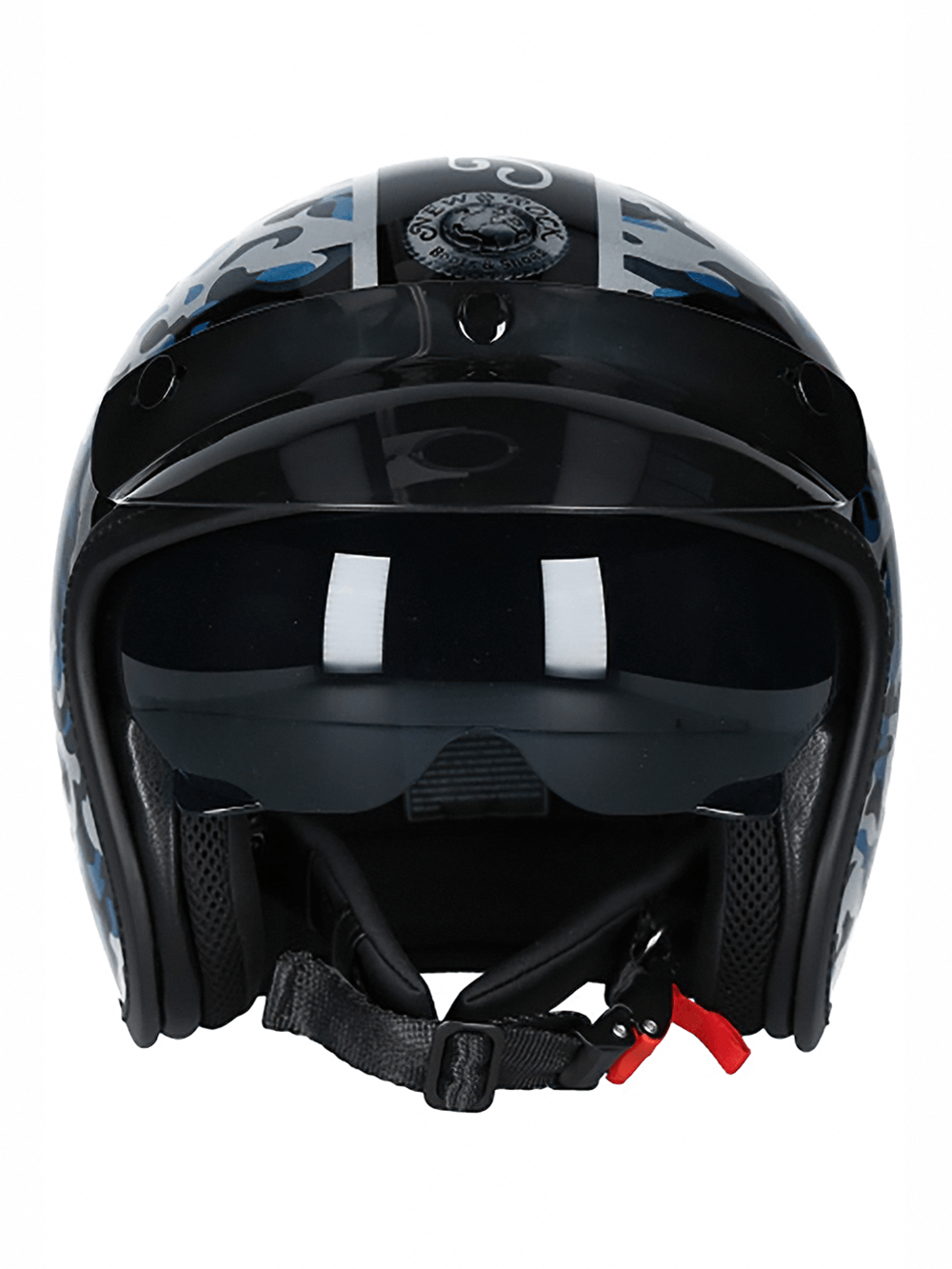 NEW ROCK Blue Motorcycle Helmet rear view showcasing durable material and secure click buckle for urban riders.