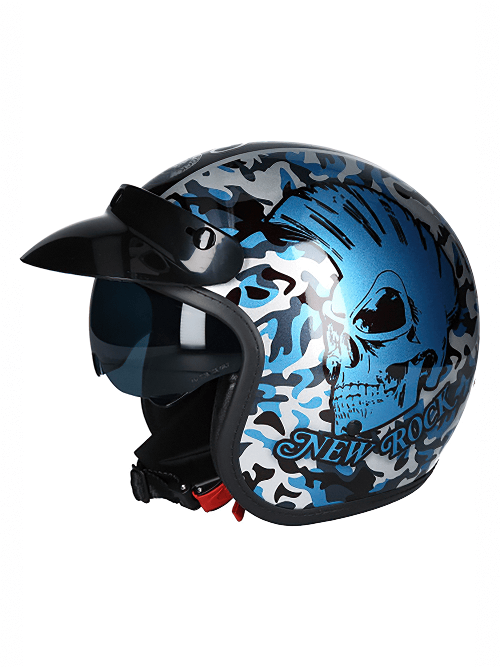 NEW ROCK blue motorcycle helmet with skull design, durable click buckle for urban bikers.