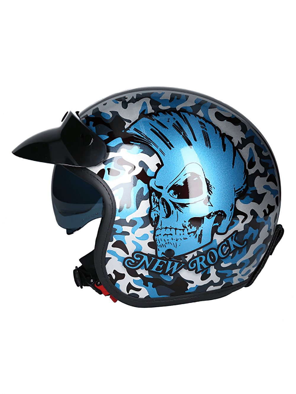 NEW ROCK blue motorcycle helmet with skull design and click buckle for urban bikers.